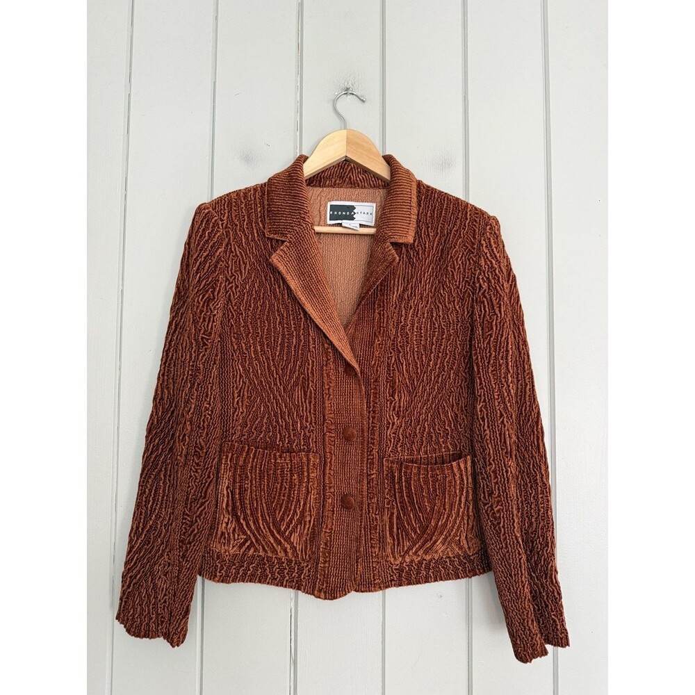 Rhonda Stark Blazer Jacket L Large Copper Velvet Crinkle Textured Pockets